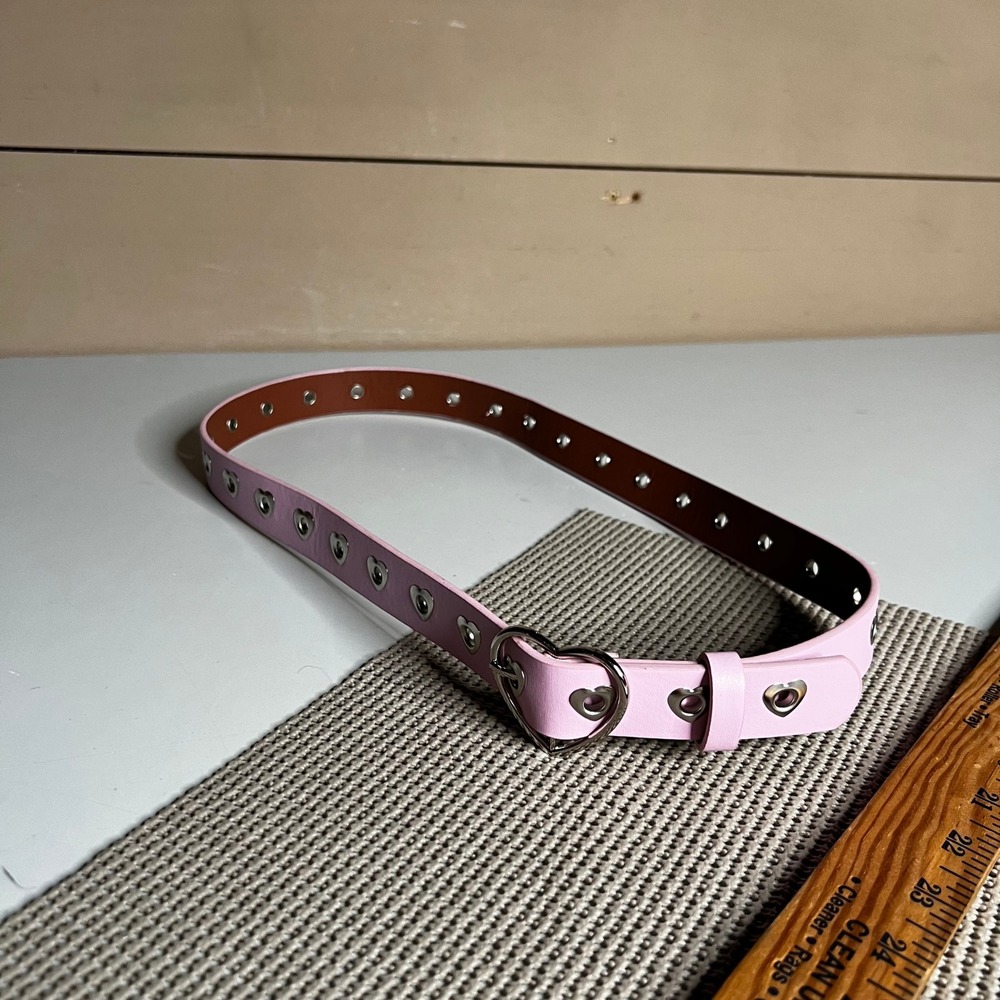 Pink Heart Buckle‎ Belt Silver Heart Grommets Y2K Coquette Faux Leather 40 Inch